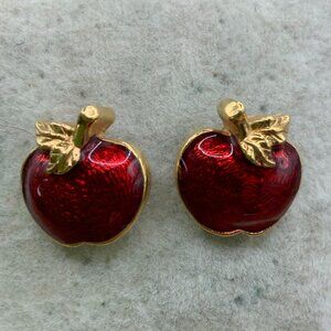 Avon Vintage Red Enamel Apples Gold Tone Stud Earrings
